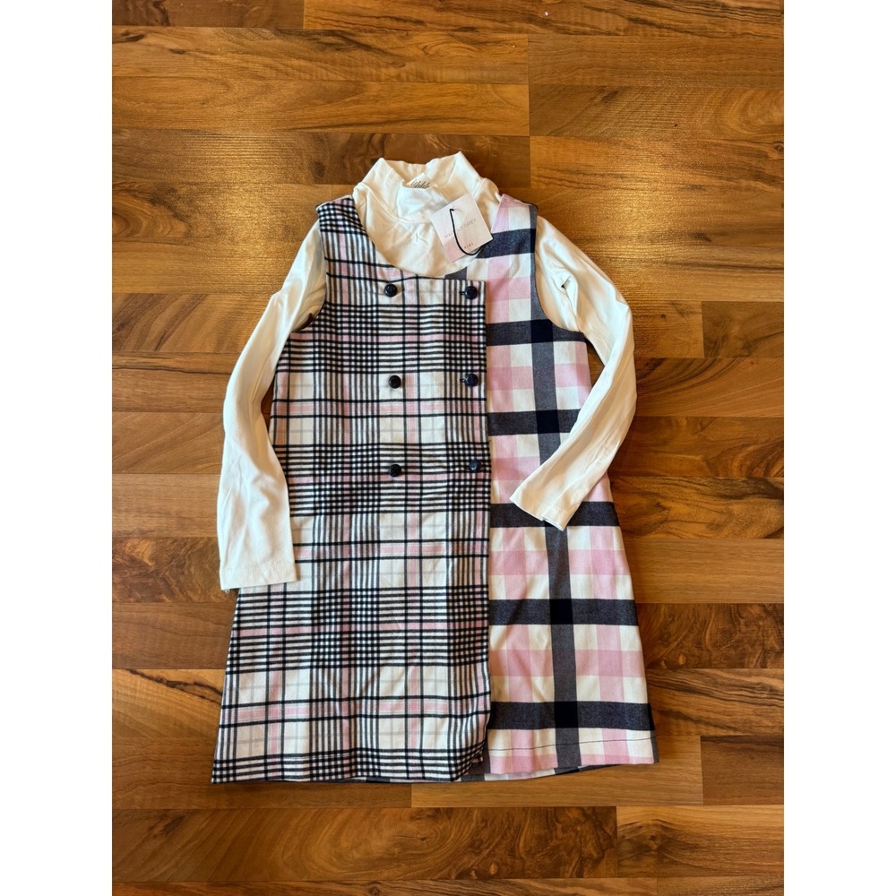 Happily Grey Plaid Jumper Dress Set Kids Size 6 Pink Navy NWOT Preppy Turtleneck